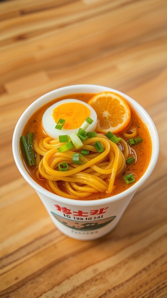 A cup of instant noodles with green onions and a soft-boiled egg on a wooden table.